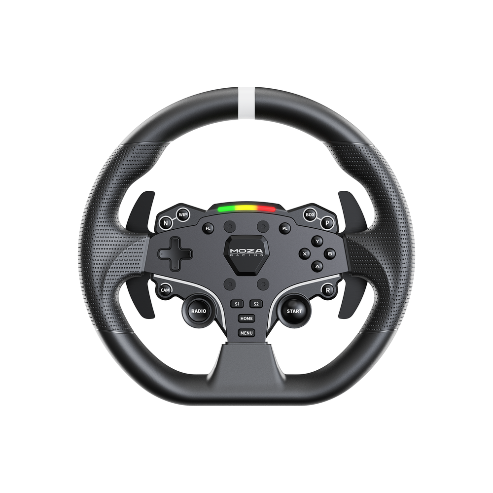 MOZA R5 Pro Racing Simulator Bundle RS105 - ES Lite ステアリングホイール正面クローズアップ（D型、パドルシフター、ボタン配置）