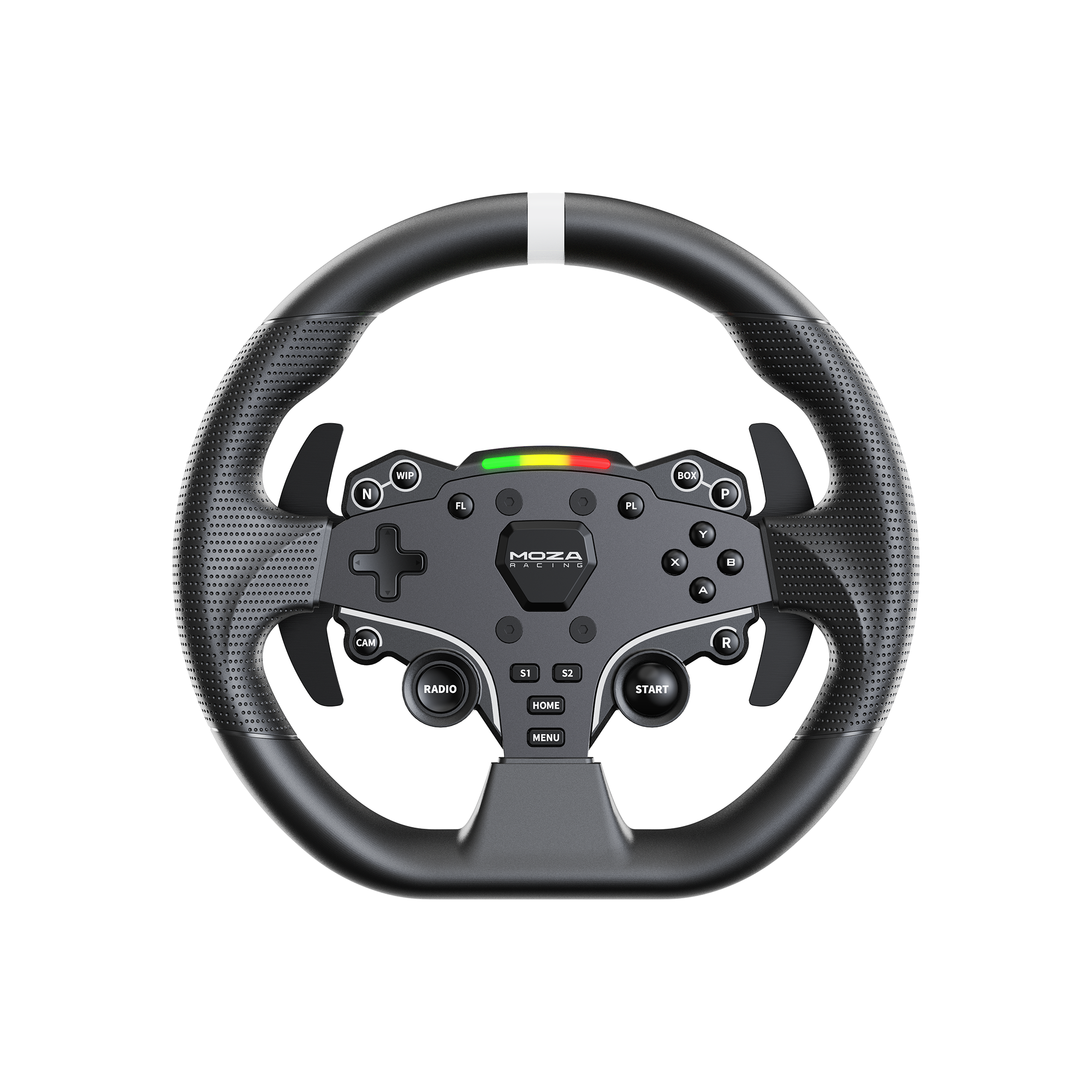 MOZA R5 Pro Racing Simulator Bundle RS105 - ES Lite ステアリングホイール正面クローズアップ（D型、パドルシフター、ボタン配置）