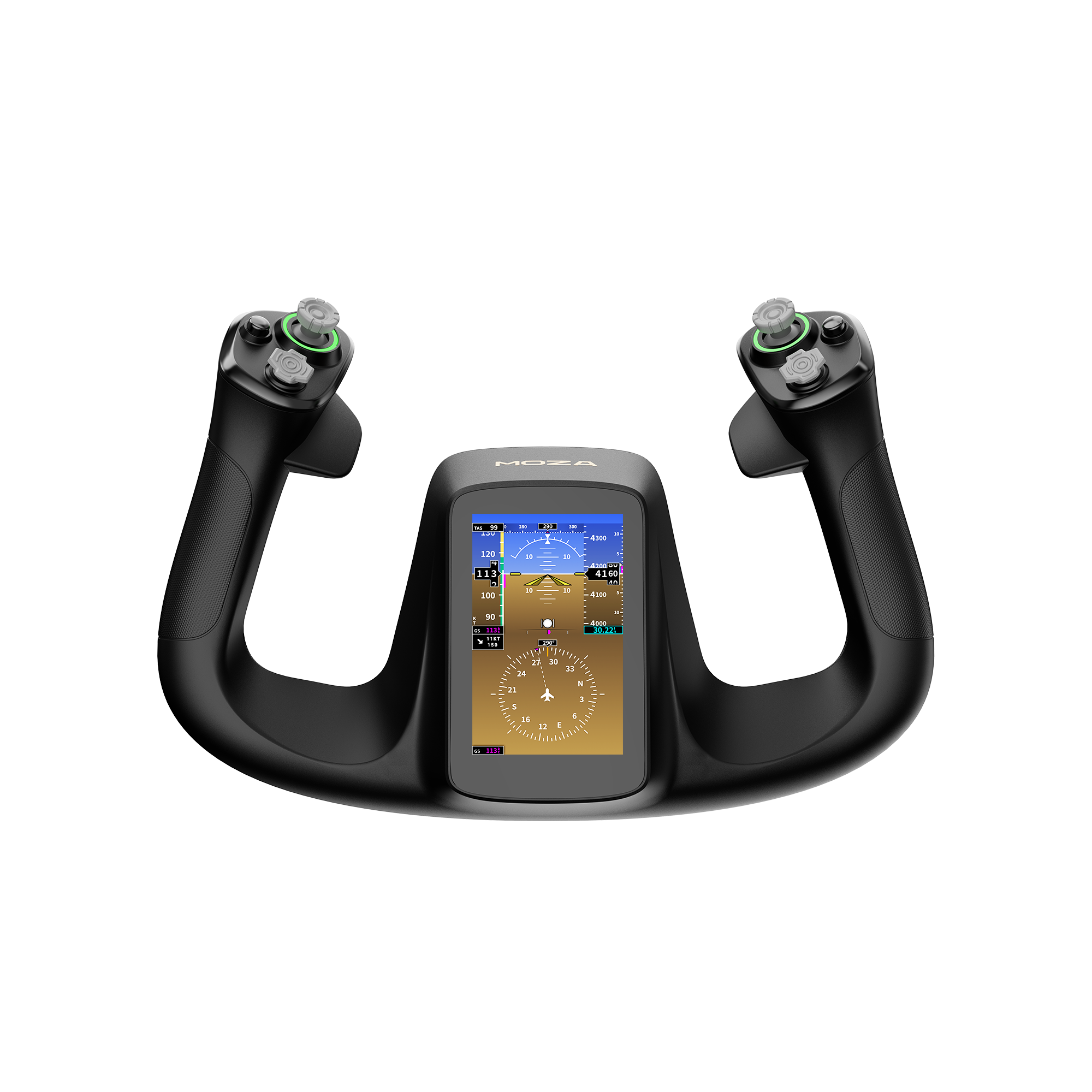 MOZA MFY Pro Yoke Handle AS021 正面（デュアルグリップ・中央液晶ディスプレイ、フライト計器表示）