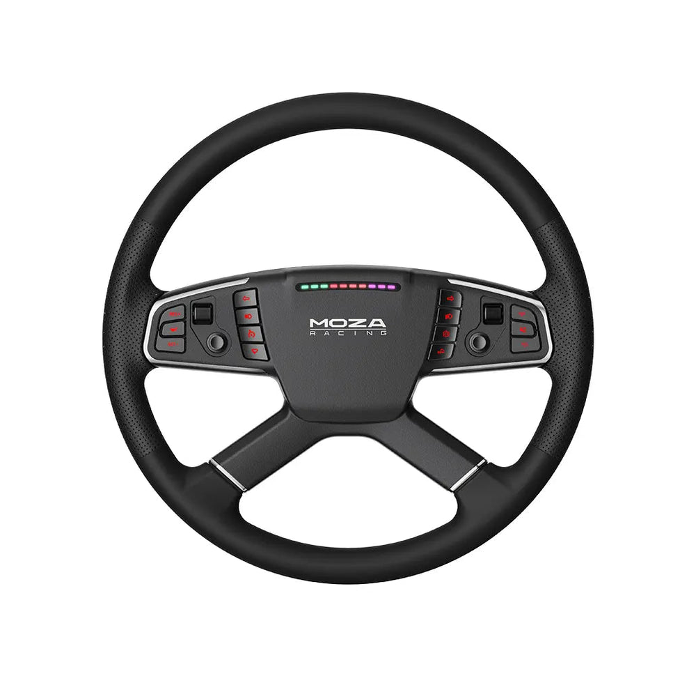 MOZA R5 Pro Truck Driving Simulator RS112 - TSWトラックホイール正面クローズアップ（フラットボトム型、センターボタンパネル）
