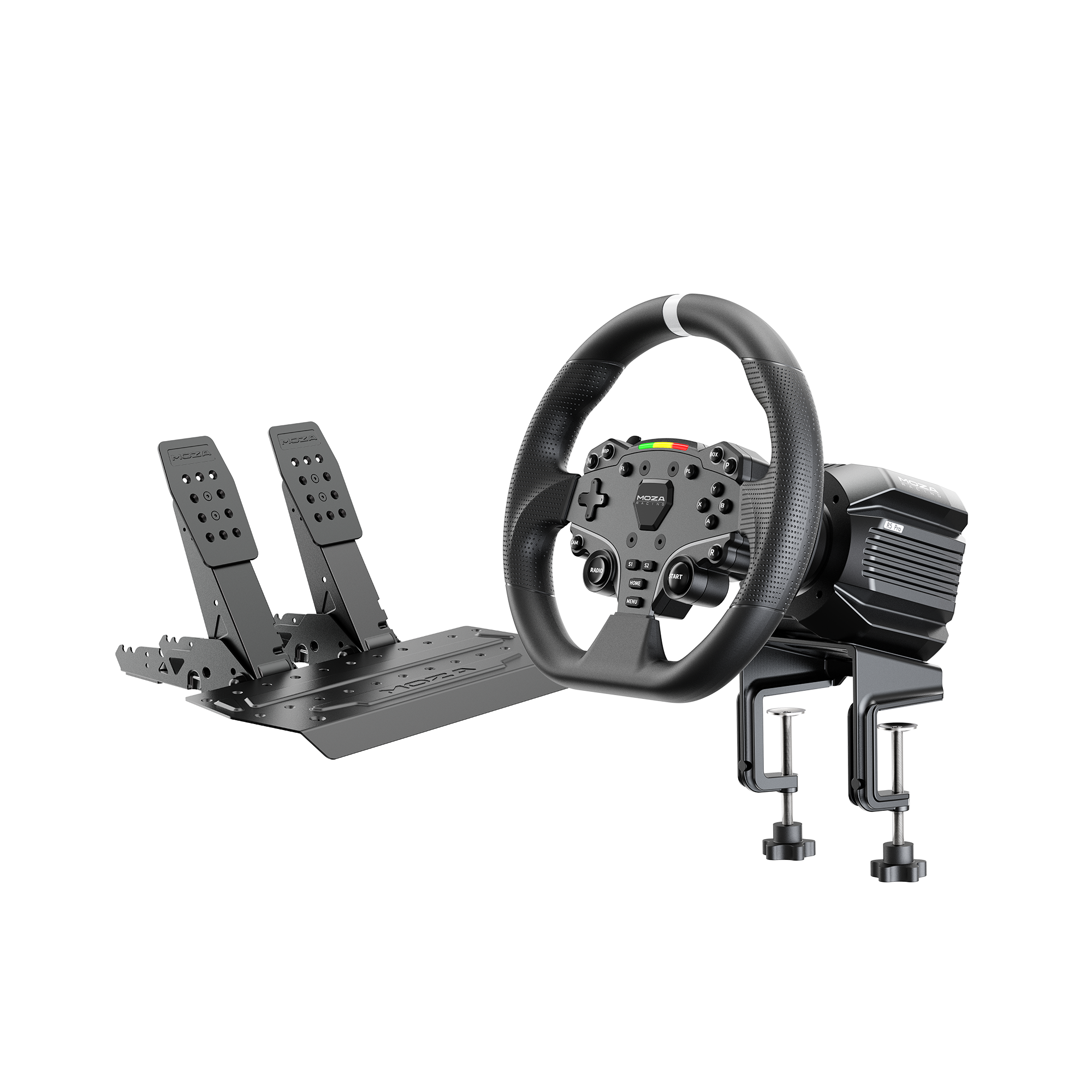 MOZA R5 Pro Racing Simulator Bundle RS105 全体像 - ステアリングホイール、ホイールベース、ペダル、デスククランプを組み立てた状態