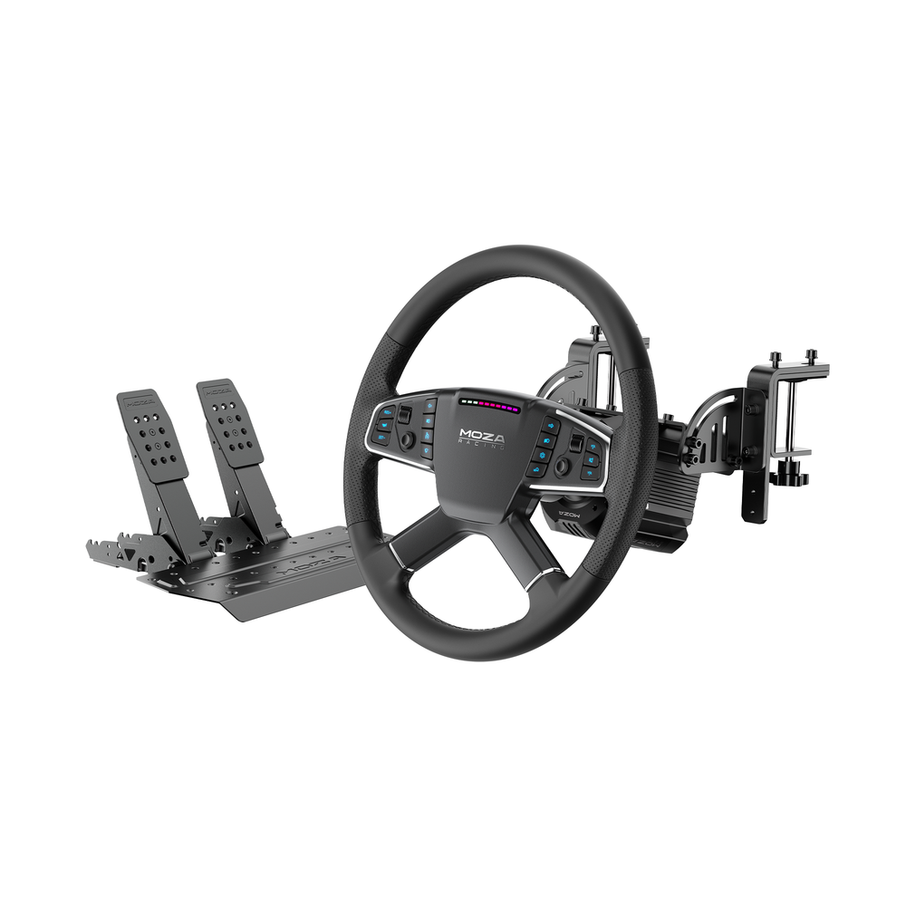 MOZA R5 Pro Truck Driving Simulator RS112 全体像 - TSWトラックホイール、ホイールベース、ペダルを組み立てた状態