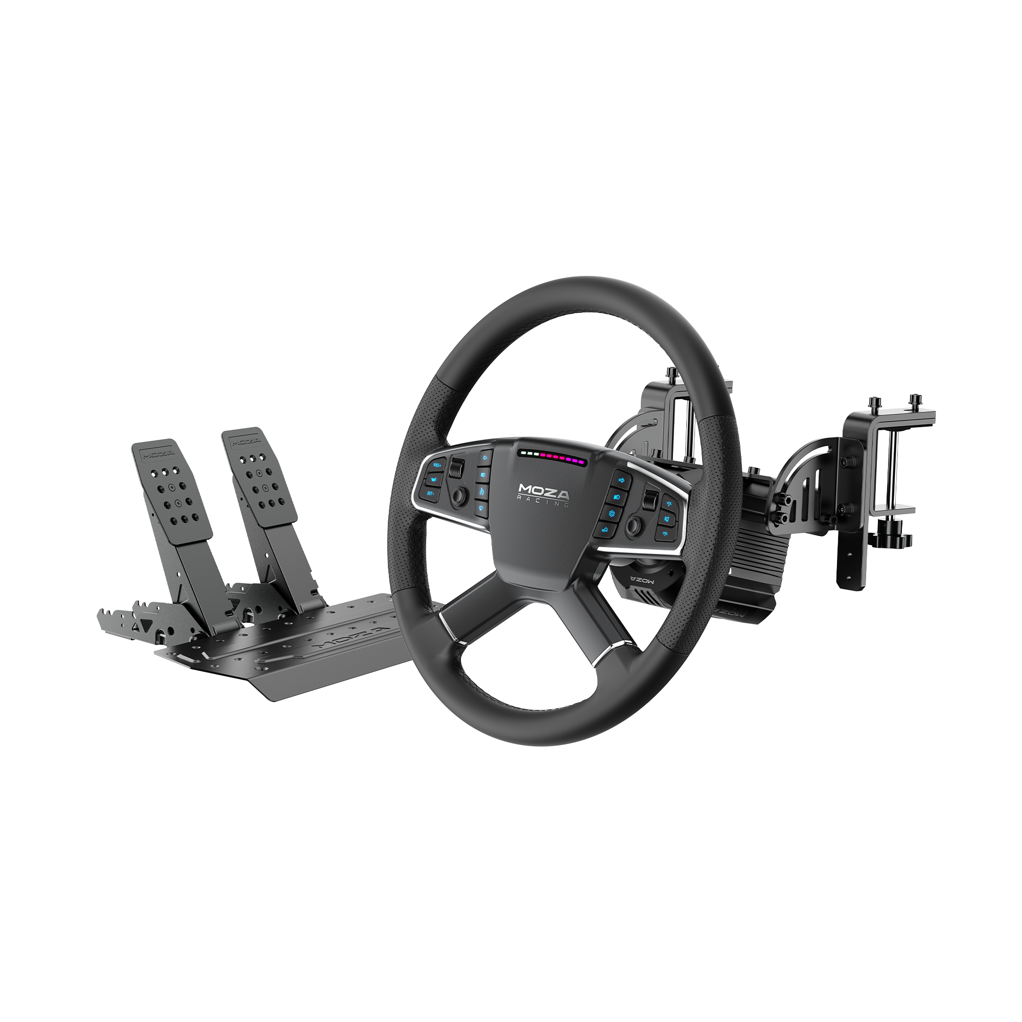 MOZA R5 Pro Truck Driving Simulator RS112 全体像 - TSWトラックホイール、ホイールベース、ペダルを組み立てた状態